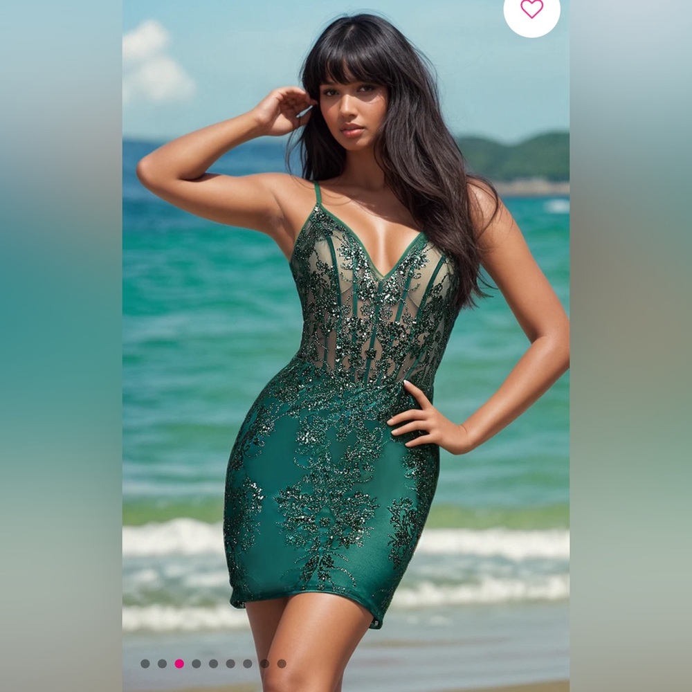 PromGirl Sz 14 Emerald Green Sheer Bodice Sequin Homecoming Cocktail Mini Dress